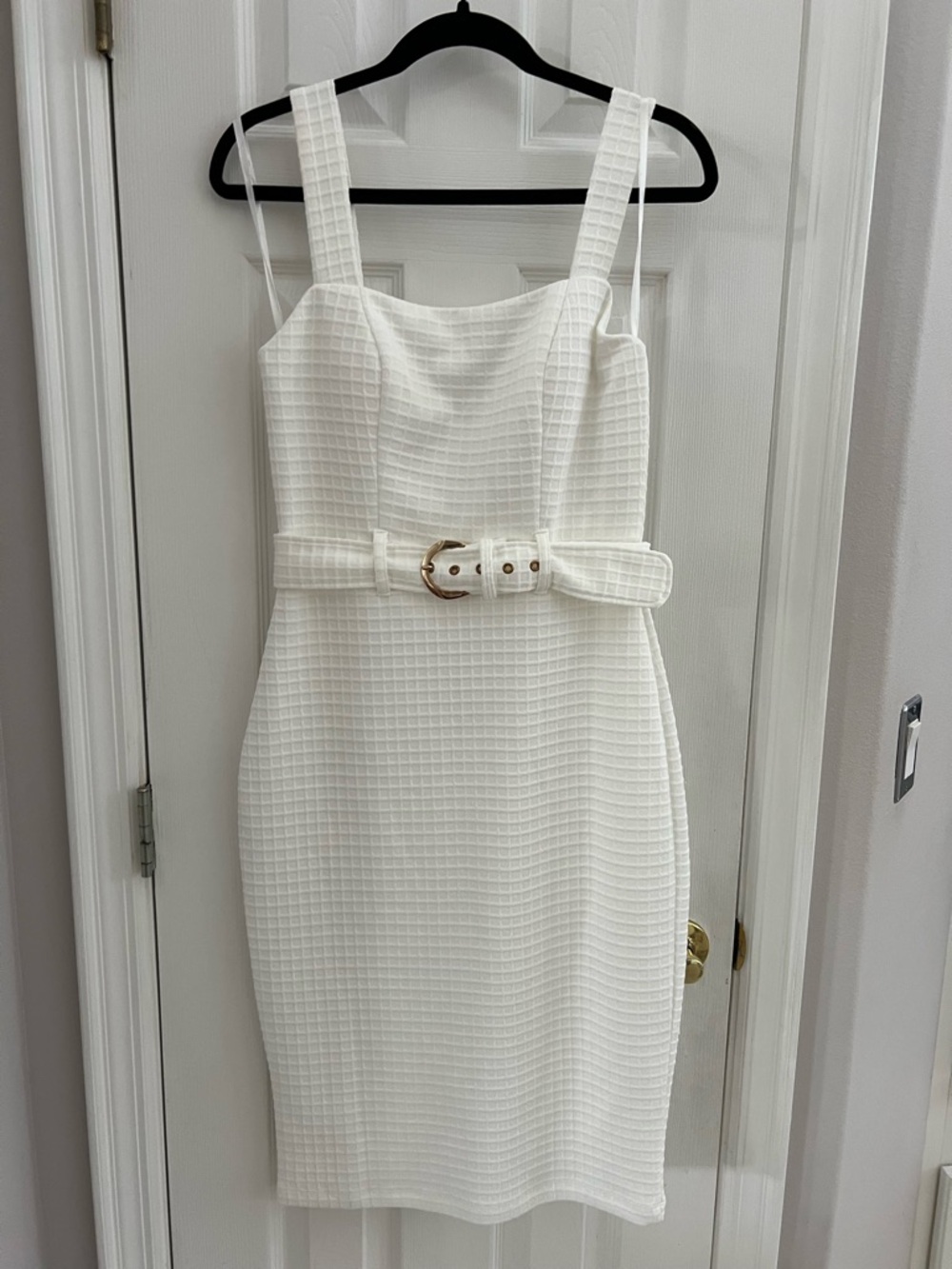 Premier White Textured Midi Dress with Belt